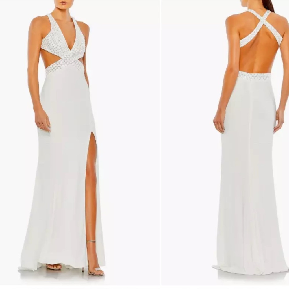 MAC DUGGAL 68166 FLORAL SEQUIN CUTOUT SHEATH GOWN WHITE Sz 6